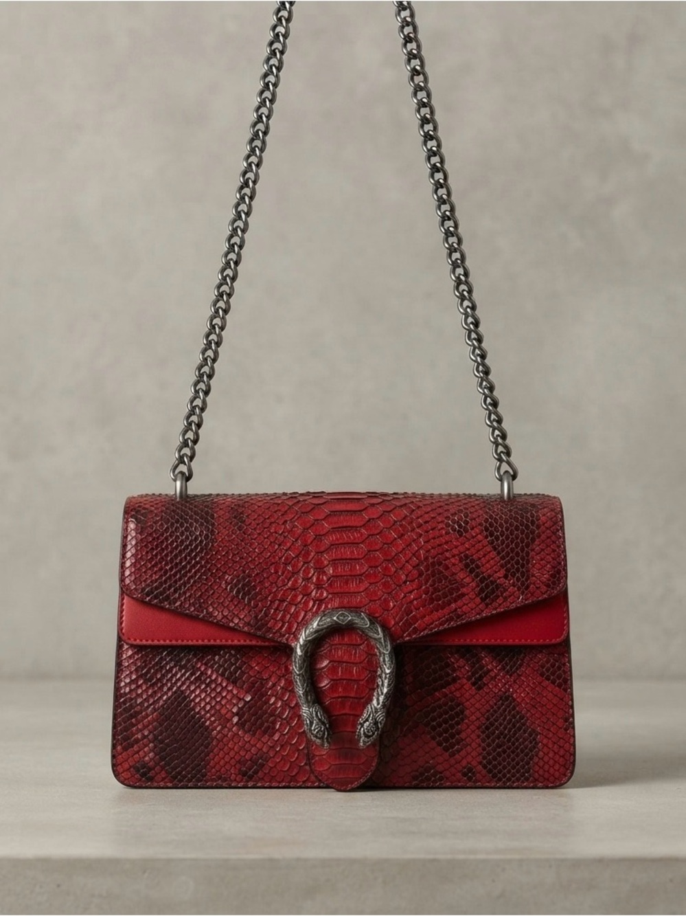 Red Python-Effect Chain Shoulder Bag